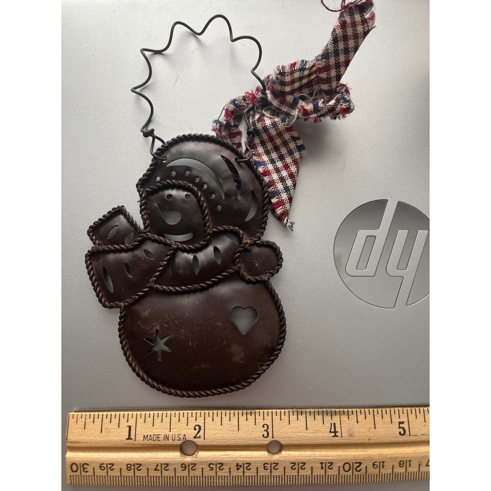 Rustic Metal Snowman Ornament Primitive Farmhouse Christmas Decor Plaid Bow